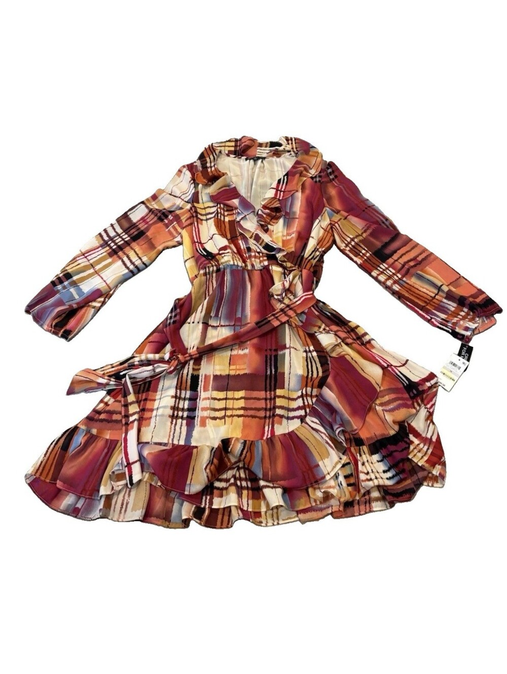 NWT INC International Concepts Size 14 Plaid Ruffle Wrap Dress Long Sleeve